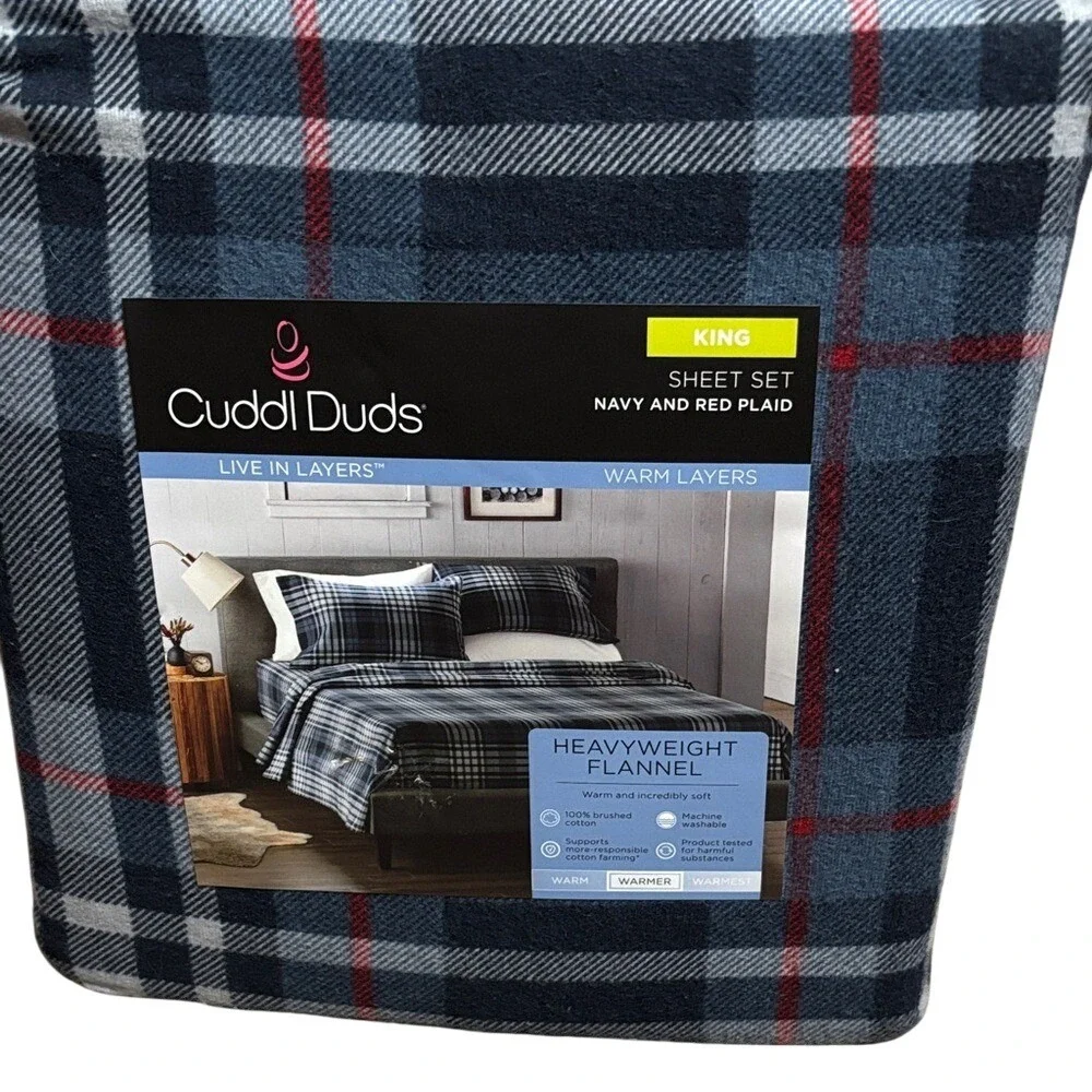 Cuddl Duds Blue and Red Plaid Flannel King Sheet Set Winter Fall GIFT NWT
